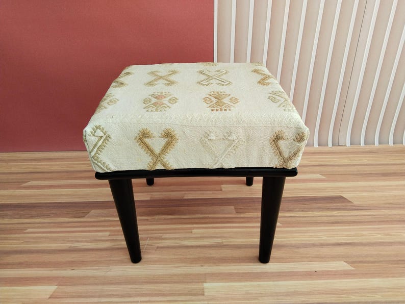 Ivory Geometric Motif Square Bench | Boho Entryway Shoe Ottoman Pouf Conic Leg / Black