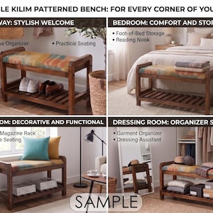 The image is a collage of four different interior design elements, including a versatile KILIM patterned bench, a stylish welcome mat, a comfortable bedroom, and a functional dressing room.