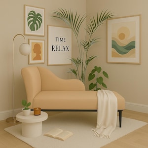 Banquette couch, Caramel chaise lounge, Strong long bench, Sustainable seating, Soft textured chaise, Cozy bedroom decor, Trendy furniture