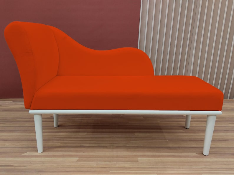 Modern bedroom decor, Burnt orange lounge, Relaxing sofa, Fainting chaise lounge, Soft cushioned bench, Bench with backrest, Loveseat lounge