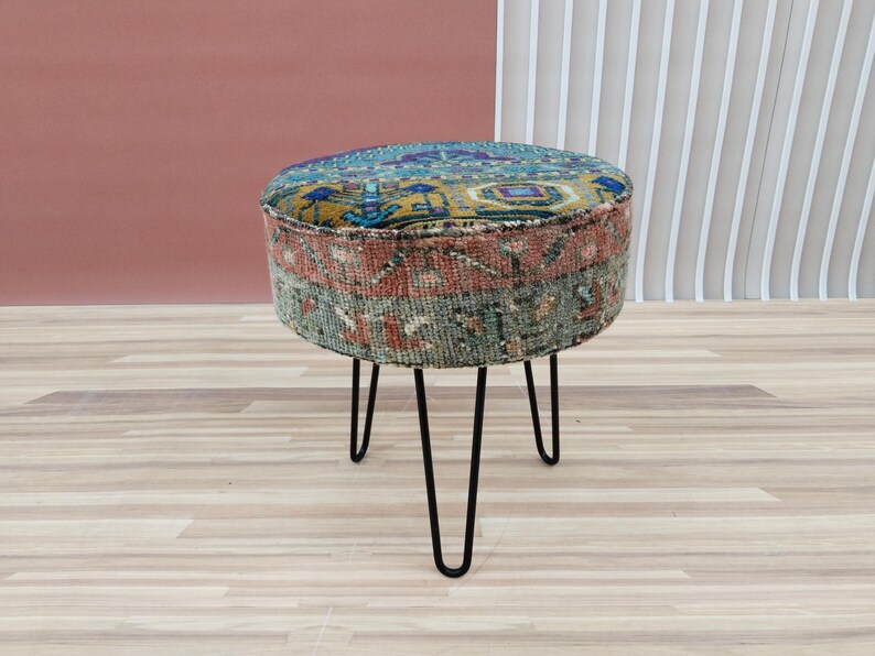 Pouf stool, Vintage rug stool, Tripod stool, Upholstered bench, Vanity table stool, Shoe stool, Ottoman for bedroom, Bathroom stool, RSY 12