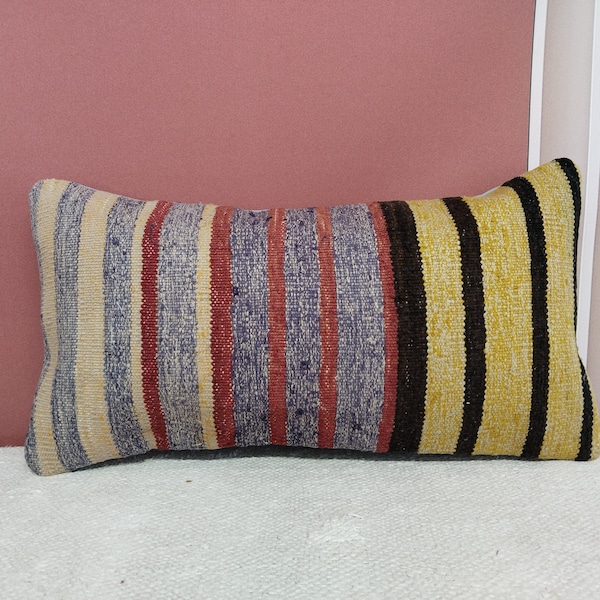 Boho pillow cover, Kilim rug pillow, Handwoven pillow, Couch pillow, Retro pillow, Bolster pillow, Neck pillow, 12x24 inches pillow, 26