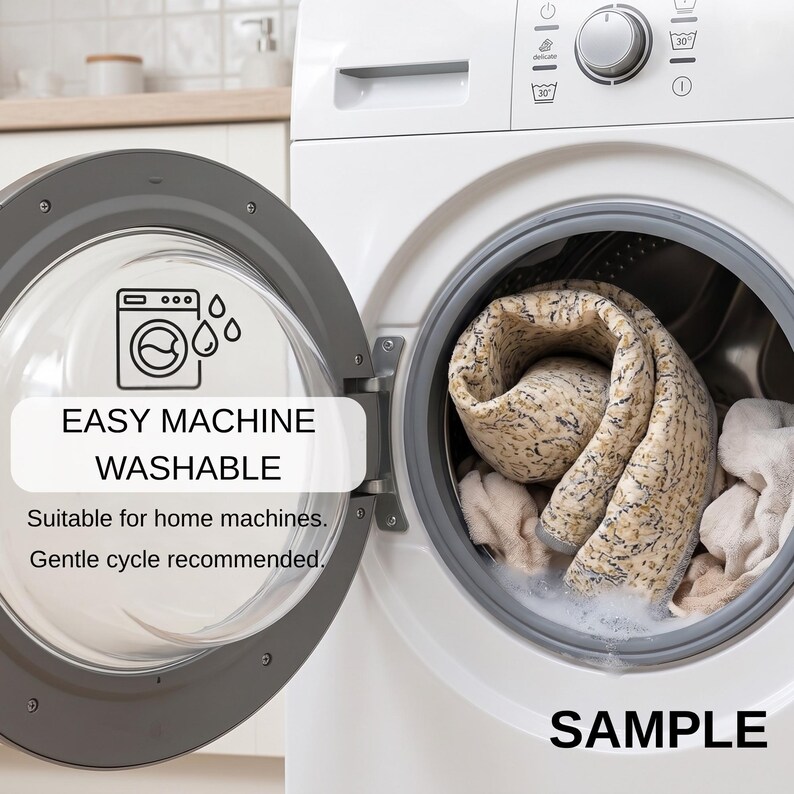 a white washing machine with an open door, revealing a pile of clothes inside. The text on the washing machine indicates that it is an "Easy Machine Washable" suitable for home machines, and that the gentle cycle is recommended. The image also includes a sample of the machine's operation.