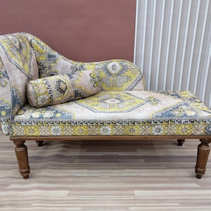 Fainting chaise lounge, Handmade sofa, Upholstered lounging sofa, Wood work sofa, Sofa for footboard, Rolled arm sofa, Relaxing sofa