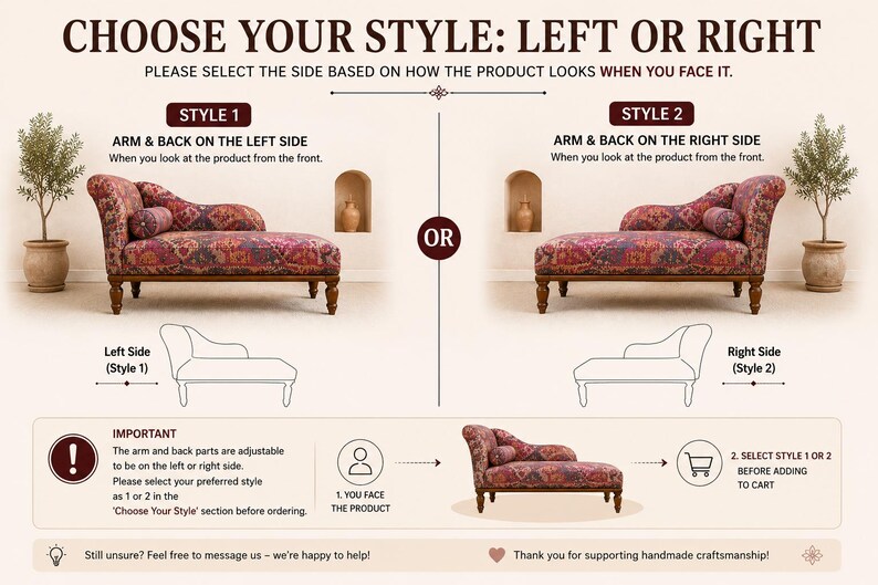 The image is a comparison of two different styles of couches, with instructions on how to choose the right style based on the product's appearance.