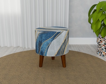 Luxury design bench, Blue footstool, Chic saloon decor, Contemporary pouf, Dining area chair, Round coffee table, Ottoman pouf stool, RS 205