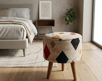 Geometric design pouf, Colorful bench, Contemporary footstool, Dining table chair, Round ottoman pouf, Textured upholstery, RS 183