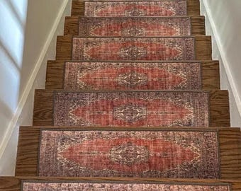 Rust Red Stair Treads | Burgundy Oriental Landing Rug | Washable Non Slip Runner