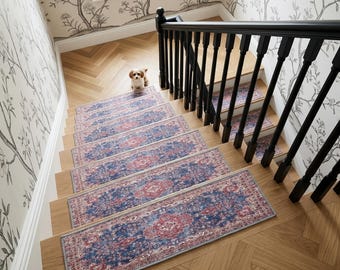 Navy Blue Stair Treads | Burgundy Vintage Landing Rug | Safety Step Cover Pad