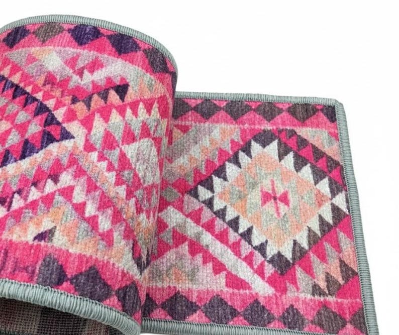 stairs runner rug, pink rug for stairs, retro rug, herki rug print, ikat rug, aesthetic rug, boho decor rug, pastel rug, steps rug, RS 70