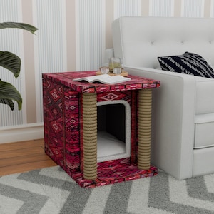 Casa para gatos de color rosa, cama para mascotas con estampado Kilim, diseño minimalista, casa divertida para mascotas, escondite colorido para gatos, cama boho para gatos, casa portátil para gatos