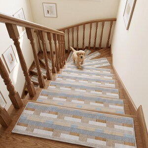 Earth Tone Geometric Stair Mat, Block Stripe Tread, Washable Safe Pad, RS 525