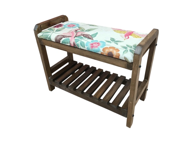 Cream Spring Garden Shoe Rack Bench | Narrow Entryway Shoe Storage | Boho Turkish Handmade