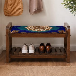 Royal Blue Ottoman Ornamental Shoe Rack Bench | Narrow Entryway Shoe Storage | Boho Turkish Handmade image 4