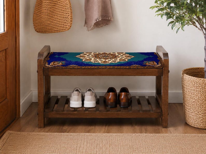 Royal Blue Ottoman Ornamental Shoe Rack Bench | Narrow Entryway Shoe Storage | Boho Turkish Handmade image 4