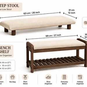 The image provides a detailed description of a low step stool, including its dimensions, features, and functions.