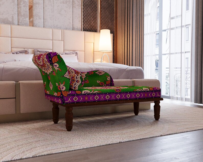 a modern bedroom with a large bed, a colorful patterned armchair, and a large window with curtains.
