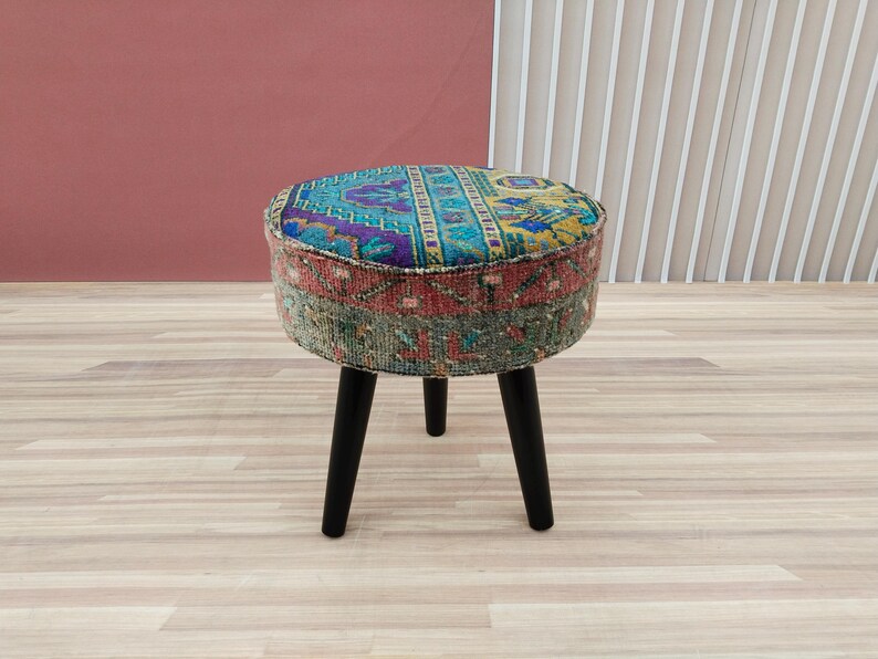 Pouf stool, Vintage rug stool, Tripod stool, Upholstered bench, Vanity table stool, Shoe stool, Ottoman for bedroom, Bathroom stool, RSY 12