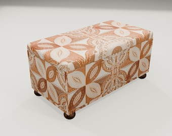 May include: A rectangular storage ottoman with a white and brown patterned fabric cover. The ottoman has four wooden legs.