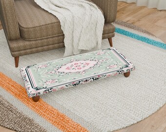 Small Turkish Ottoman Bench Blush Pink Step Stool Handmade Pouf Upholstered Floral Rug Wooden Rustic Seat Foot Riser Decor, SSB 22