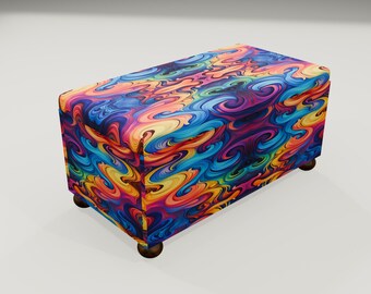 May include: A colorful storage ottoman with a swirling abstract pattern in shades of blue, yellow, orange, pink, and purple. The ottoman has four wooden legs.