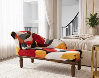 Vibrant Abstract Red Leaf Pattern Daybed | Modern Colorful Bedroom Lounger, RS 129
