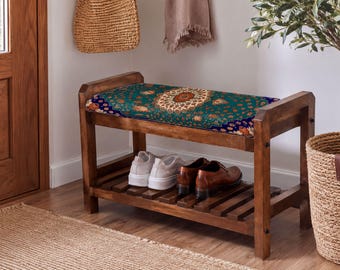 Forest Green Aurora Suzani Shoe Cabinet Bench | Closet Storage Organizer