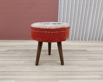 Handgemaakte poef, boho poef, vintage poef, accentkruk, rustieke poef, etnische kelimbank, vintage poef, gezellige poef, RSY 02