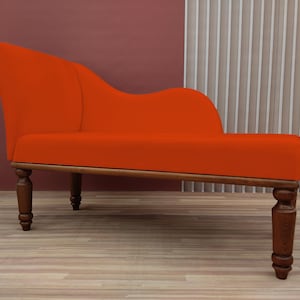 Modern bedroom decor, Burnt orange lounge, Relaxing sofa, Fainting chaise lounge, Soft cushioned bench, Bench with backrest, Loveseat lounge