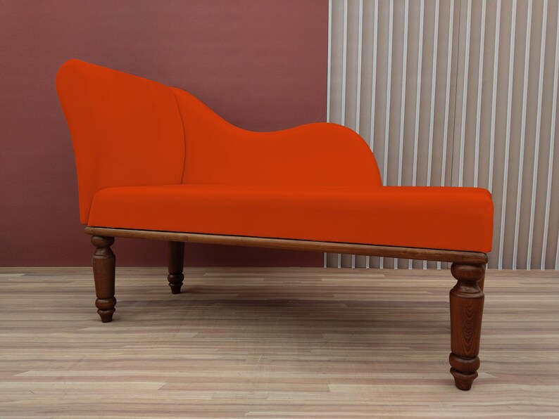 Modern bedroom decor, Burnt orange lounge, Relaxing sofa, Fainting chaise lounge, Soft cushioned bench, Bench with backrest, Loveseat lounge
