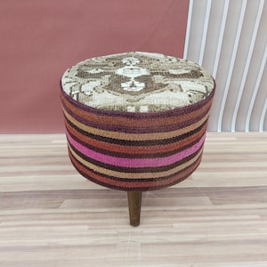 Striped footstool, Vintage furniture, Round pouf stool, Ottoman side table, Boho footrest, Handmade bench, Dressing chair, Cozy gift, RSF 18