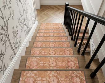 Peach Tan Stair Treads | Pink Floral Landing Rug | Washable Non Slip Runner