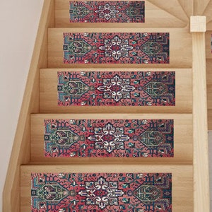 May include: Five patterned stair treads with a pink, blue and green design. The treads are made of a soft, durable material and are designed to add a touch of elegance to any staircase.
