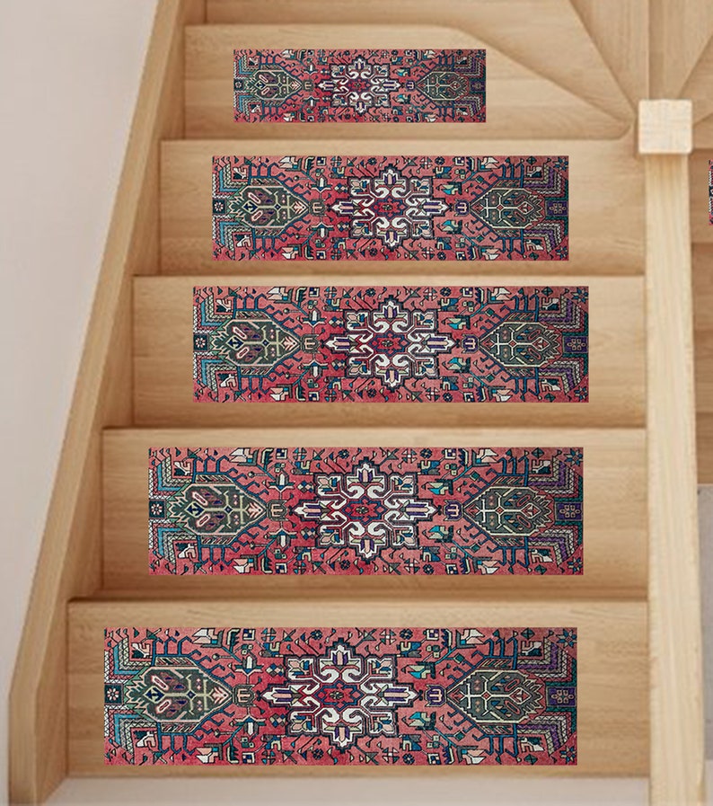 May include: Five patterned stair treads with a pink, blue and green design. The treads are made of a soft, durable material and are designed to add a touch of elegance to any staircase.