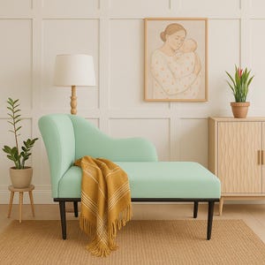 Entspannendes Sofa, Gossip Chaise Lounge, Holzmöbel, übergroßer Stuhl, Polsterbank, Mintgrünes Sofa, ausgefallenes Möbel, niedliches Wohndekor