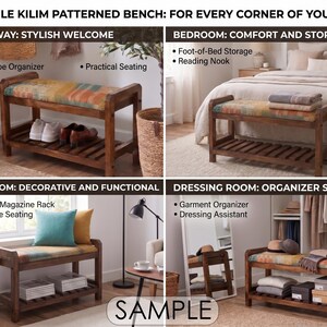 Teal Coral Sunburst Shoe Rack Bench | Narrow Entryway Shoe Storage | Boho Turkish Handmade image 7