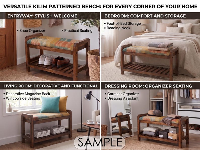 Teal Coral Sunburst Shoe Rack Bench | Narrow Entryway Shoe Storage | Boho Turkish Handmade image 7