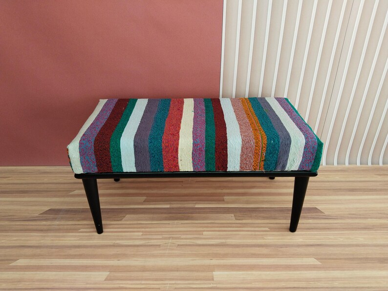 Colorful Kilim Bench | Handwoven Vintage Rug Ottoman | Eclectic Entryway Seating image 11