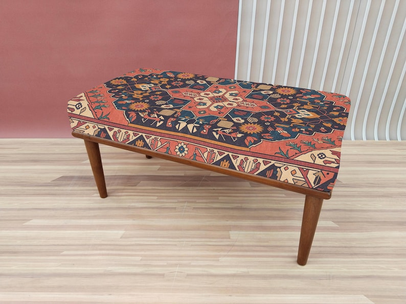 Coral red bench, Vintage design pouf, Entryway shoe bench, Small rustic bench, Mudroom decor, Gift for grandma, Bedroom pouf, RSB 279