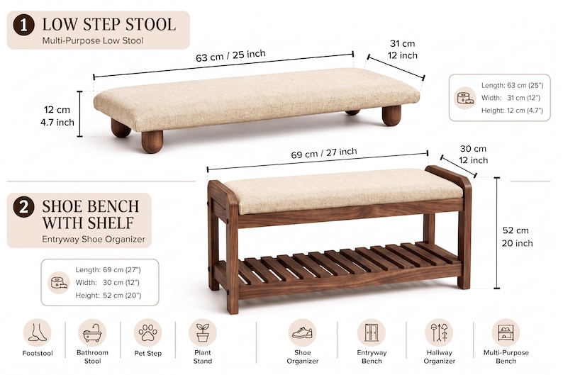 Cream Spring Garden Shoe Rack Bench | Narrow Entryway Shoe Storage | Boho Turkish Handmade