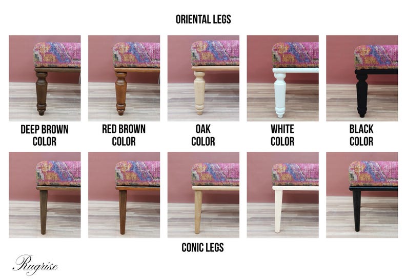 The image is a collage of nine different color variations of oriental legs, each with a corresponding color and description.