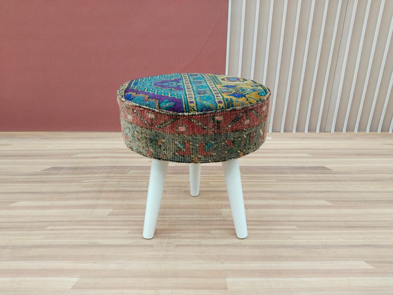 Pouf stool, Vintage rug stool, Tripod stool, Upholstered bench, Vanity table stool, Shoe stool, Ottoman for bedroom, Bathroom stool, RSY 12