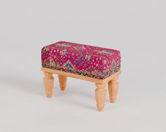 Upholstered Bench, Wooden Legs Stool, Kilim Pattern Stool, Handcrafted Ottoman, Multi-Purpose Ottoman, 9x18x14, RSB 9x18 11-02