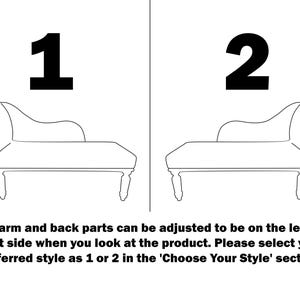 a simple line drawing of two couches, with instructions for adjusting the arm and back parts to be on the left or right side when looking at the product.