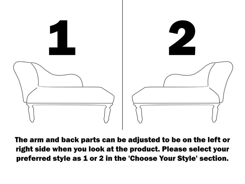 a simple line drawing of two couches, with instructions for adjusting the arm and back parts to be on the left or right side when looking at the product.