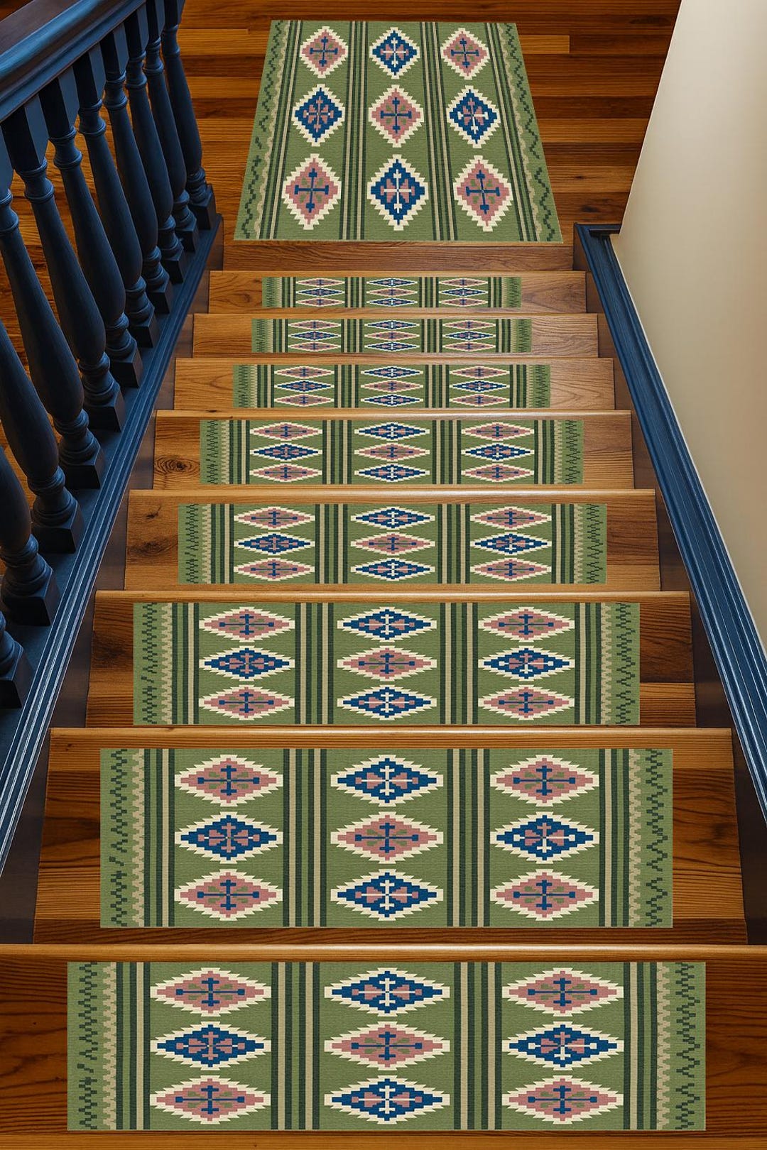 Sage Green Stair Treads, Aztec Pattern Non-slip Rug, Tribal Mats RS 648 ...