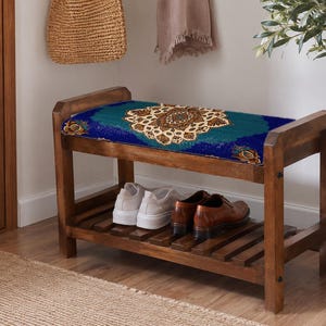 Royal Blue Ottoman Ornamental Shoe Rack Bench | Narrow Entryway Shoe Storage | Boho Turkish Handmade image 9