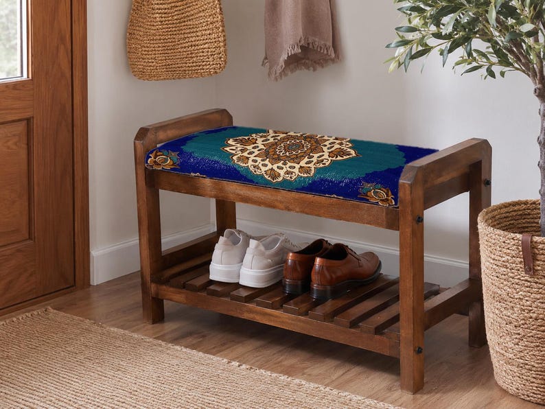 Royal Blue Ottoman Ornamental Shoe Rack Bench | Narrow Entryway Shoe Storage | Boho Turkish Handmade image 9