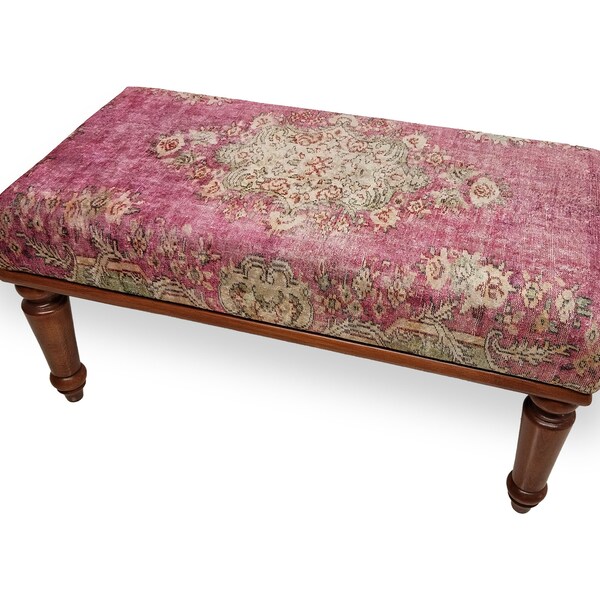 pink ottoman bench, kilim ottoman, bedroom bench, living room bench, handmade furniture, boho bench, vanity stool, entry bench, RSB 05-02