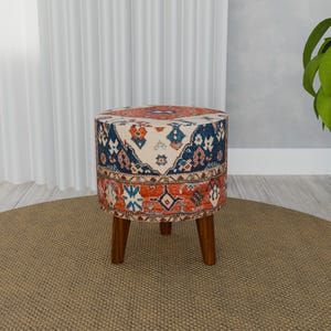 Orintal style pouf, Colorful patterned bench, Round shape bench, Rustic wooden bench, Home decoration bench, Comfortable pouf, RS 150